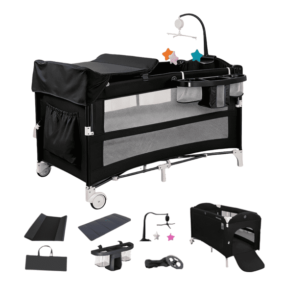 Baby Bassinet, Baby Bedside Sleeper & Playpen,Baby Play Yard with Diaper Changer Large Storage for Newborn and Infant for Newborn to Toddlers,Unisex,Black