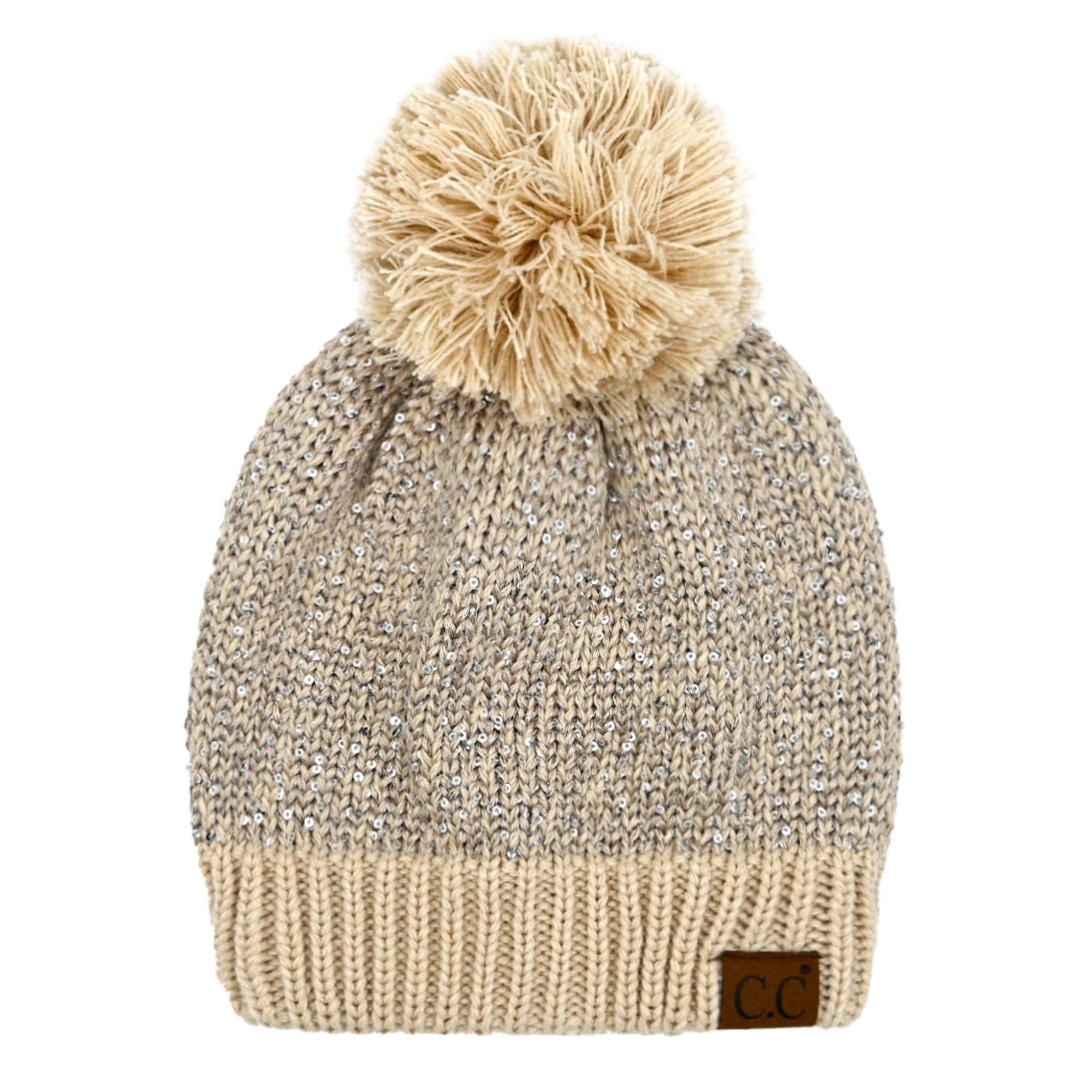 C.C Sequin Pom Winter Beanie Sparkle Cozy Warm Hat Unisex, Black Silver