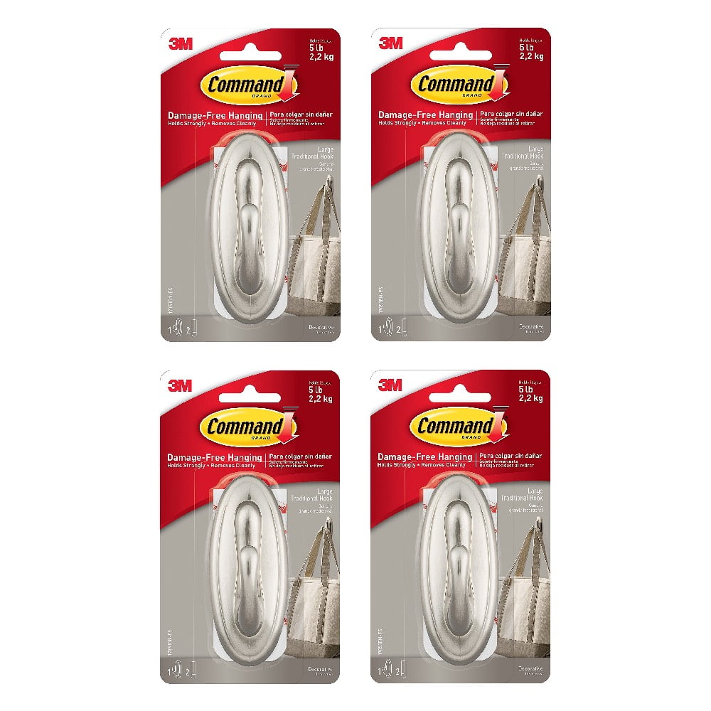 3M-17053BN Command Traditional Hook Large Decorative Hook Hanger Damage Free Indoor Strong Hold Up To 5 Pounds 1 Hook 2 Strips Per Pack Brushed Nickel, 4-Pack