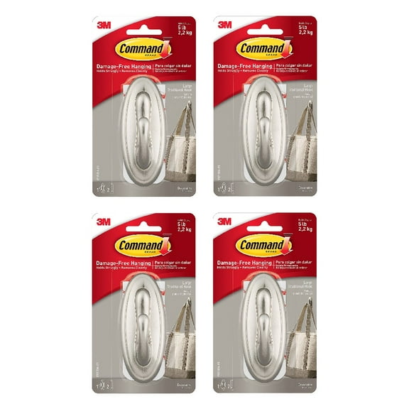 3M Command Traditional Hook Large Decorative 17053 No Damage 1 Hook 2 Strips Brushed Nickel, 4-Pack