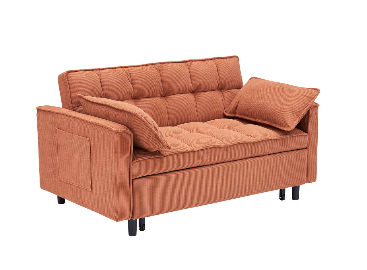54.3" Corduroy Modular Sectional Sleeper Sofa,Loveseat with Pull Out Bed, Orange – Space-Saving Couch for Living Room, Guest Bed, Apartment