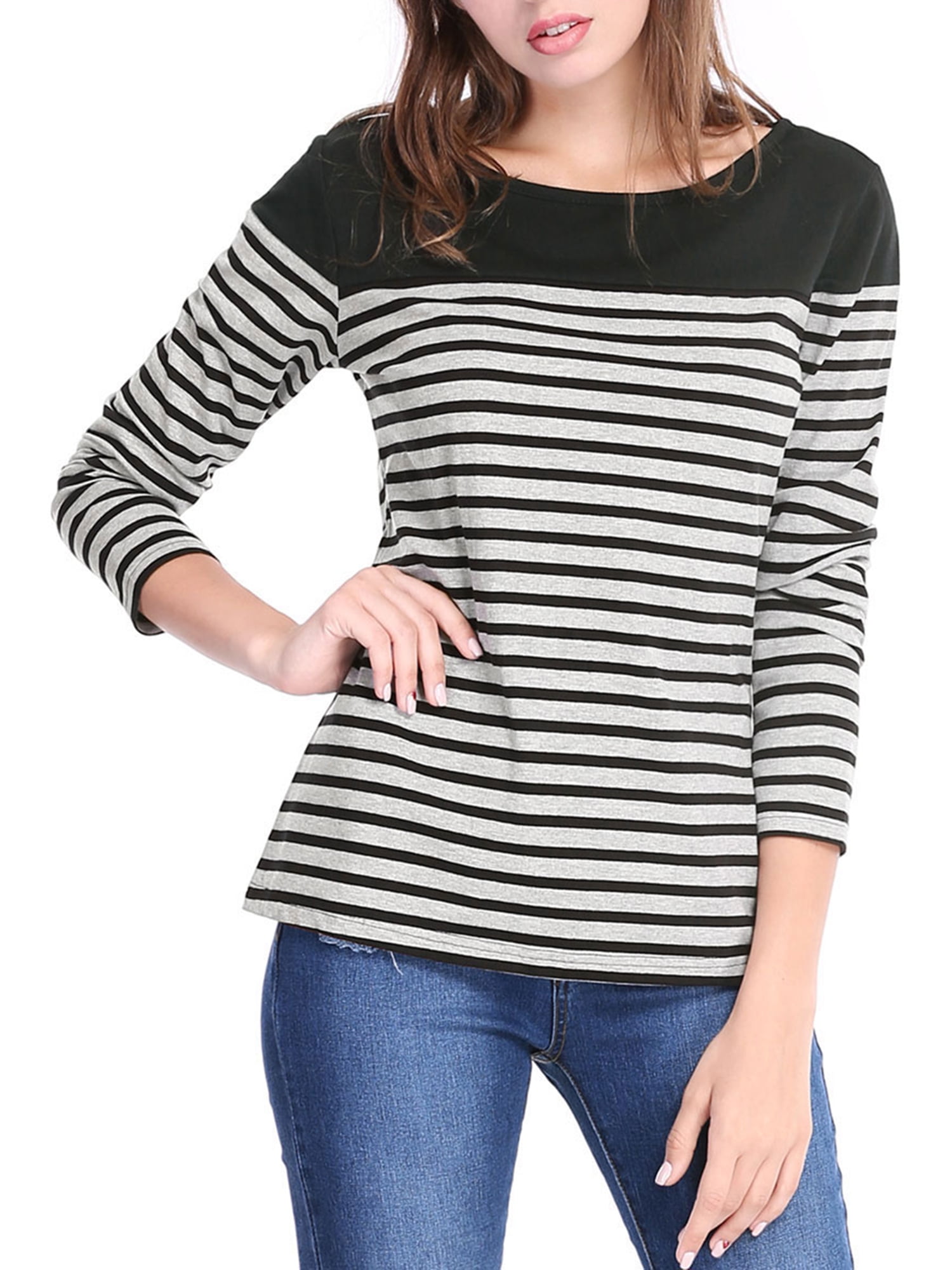 Unique Bargains Unique Bargains Womens Color Block Striped Knit Top