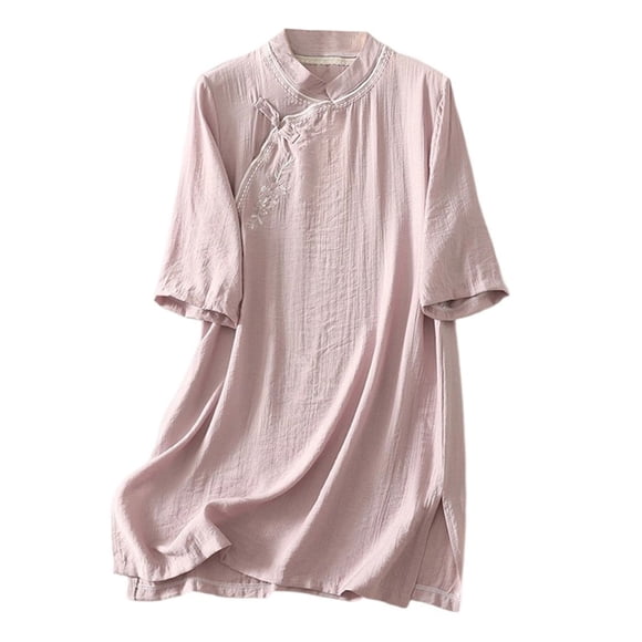 Embroidered Blouse For Women, Round Neck Mid-Sleeve Loose Fit Casual Shirt, Floral Design Top For Daily Wear And Summer^