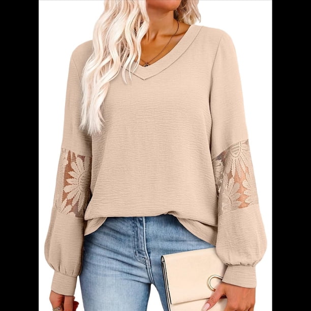 Blusas de Mujer con Cuello en V, Larga, Encaje, Elegantes, Informales, Modernas, de Gran Tamaño. Albaricoque XXL