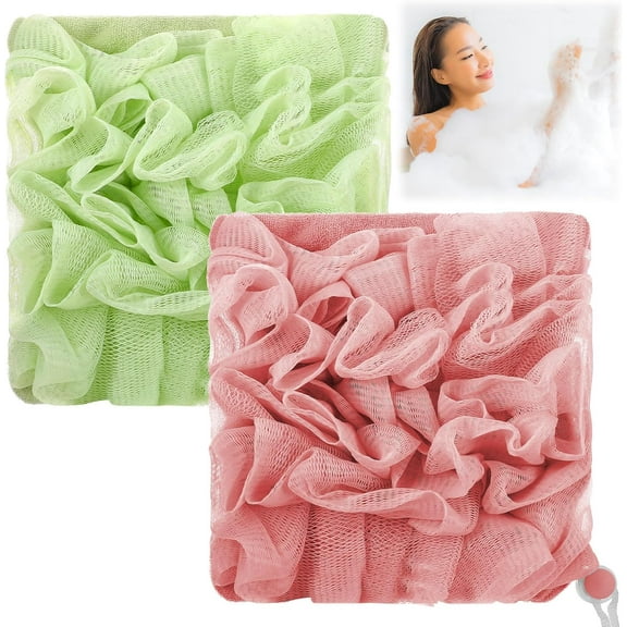 2 PCS Washcloth Loofah Combo, 2 in 1 Soap Bar Bath Loofah Sponge with Drawstring, Body Scrubber Exfoliation Mesh Shower Ball Dual-Sided Shower Washcloth for Face & Body Cleansing for Smooth Skin.