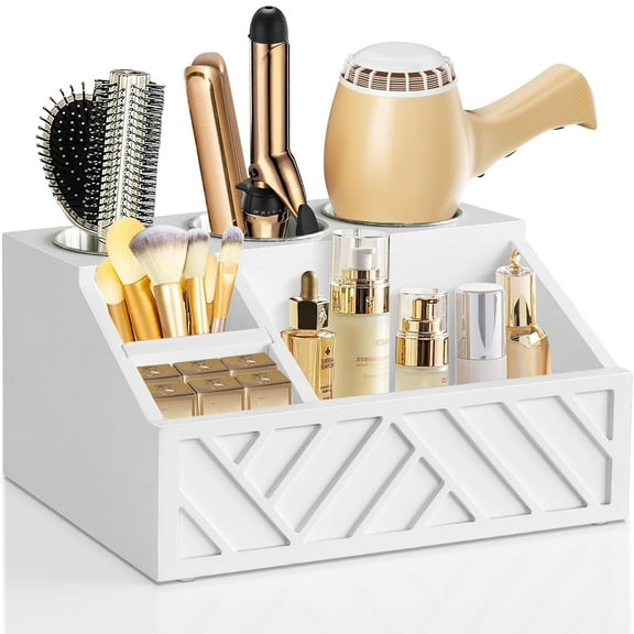 Hair Tool Organizer, Bathroom Blow Dryer Holder Wall Mount, Wooden Vanity Organizer Countertop, White Vanity Caddy Storage Stand for Accessories, Makeup, Curling Irons, and Toiletries