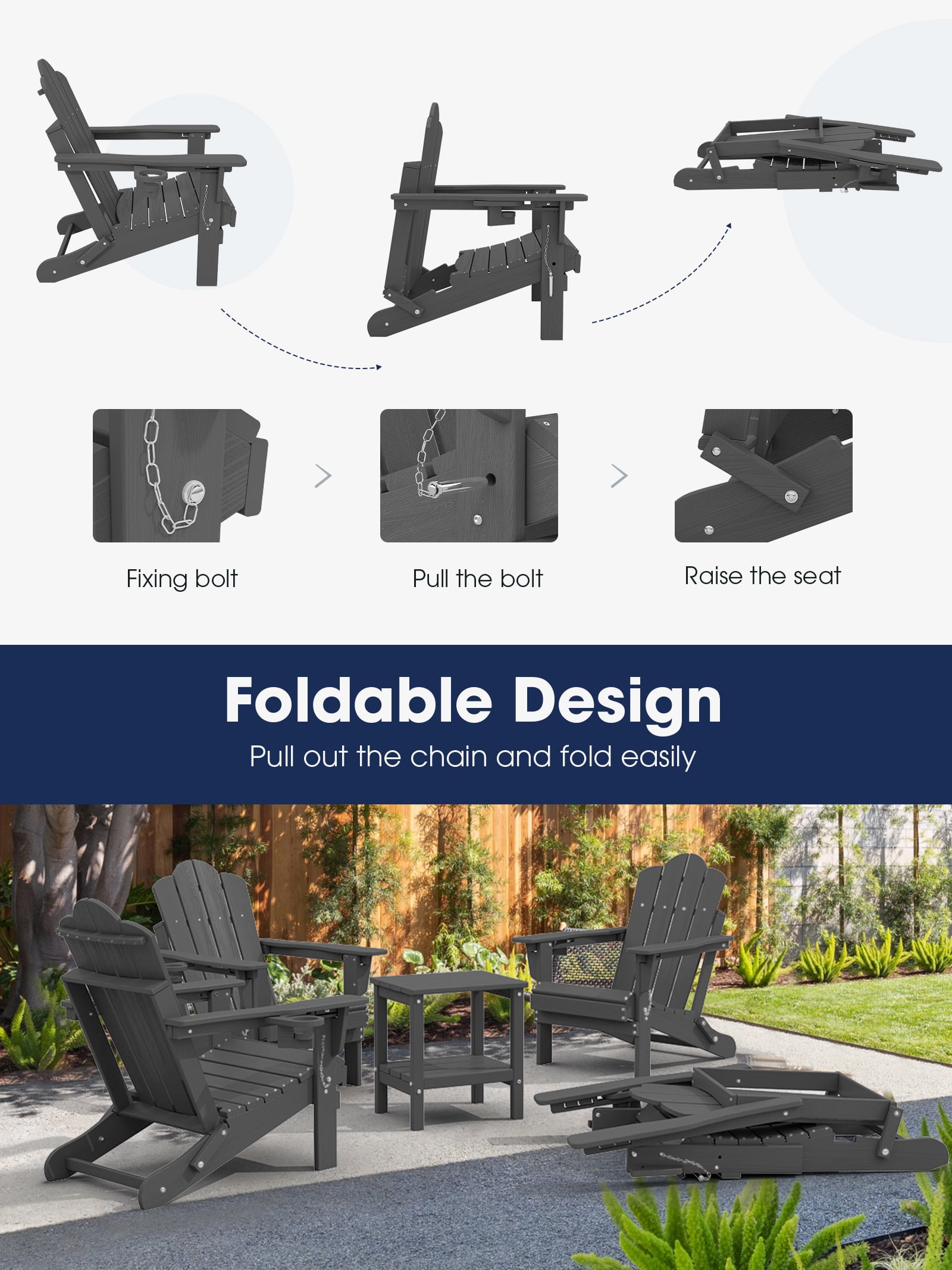 KINGYES Folding Adjustable Backrest Adirondack Chairs with Cup Holder Set of 4, All Weather Use Reclining Adirondack Chairs Set of 4, Brown