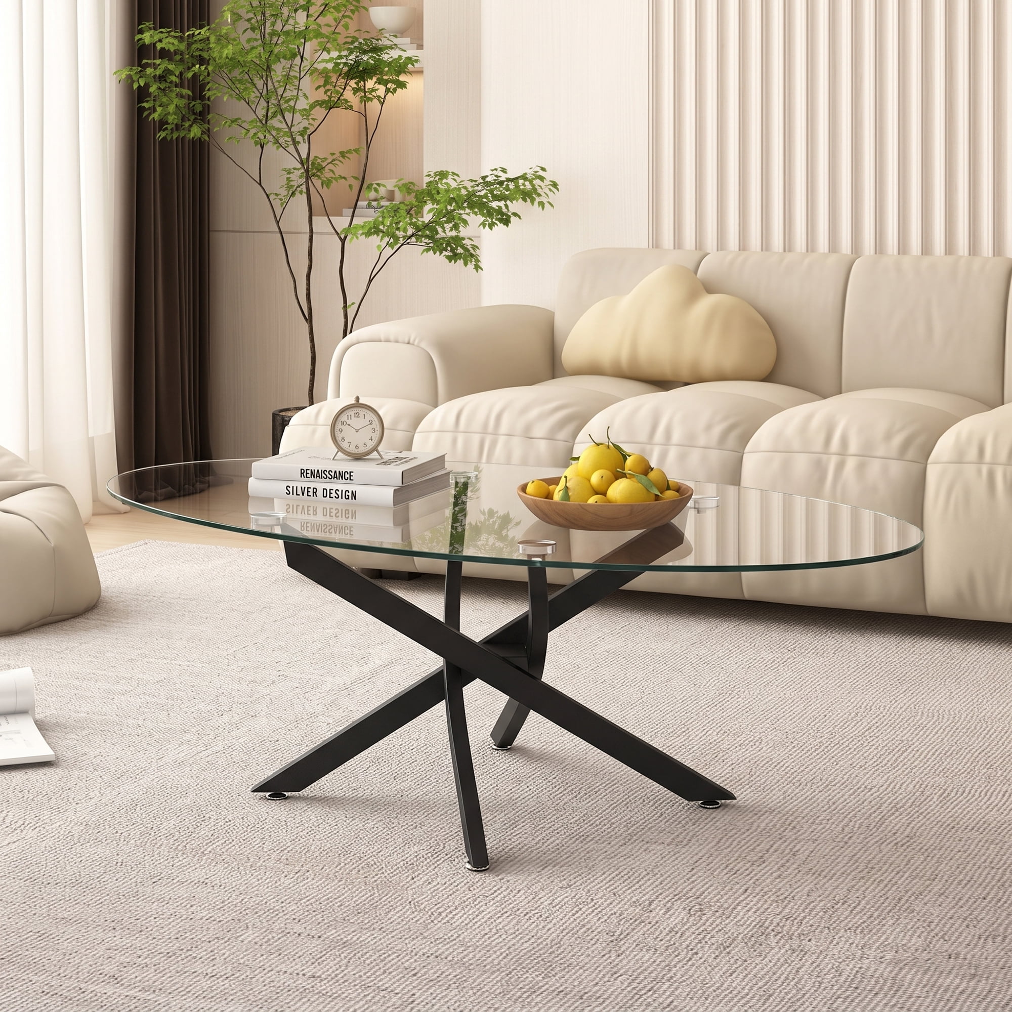 Oval Coffee Table with Tempered Glass Top and Black Metal Legs, Modern Side Table and Tea Table for Living Room, 39.37 Inch, Black