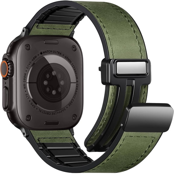 Magnetic Leather Bands Compatible with Apple Watch Bands 49mm 46mm 45mm 44mm 42mm 41mm 40mm 38mm Men Women,Genuine Leather Straps for iWatch Bands Ultra 3/2/1 SE Series 11 10 9 8 7 6 5 4 3 2 1 Green