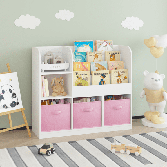 Kids Toy Organization Cubby Bookcase with 3 Fabric Drawers,Bookcase Display Stand for Bedroom,Playroom,Pink