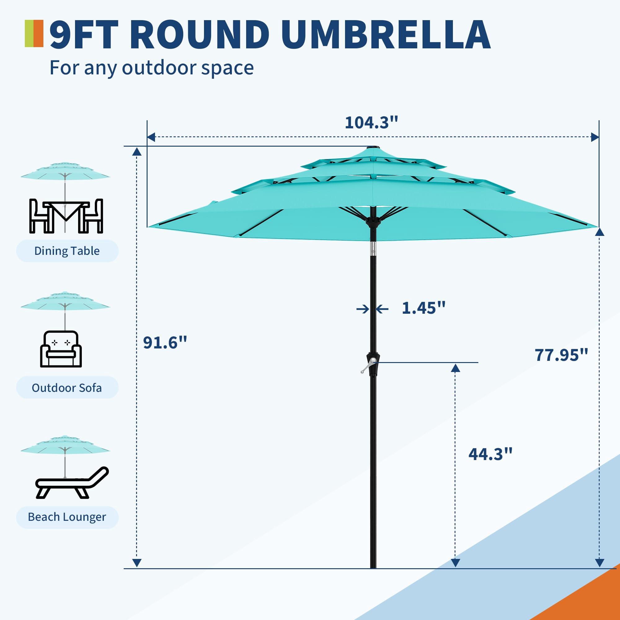 Memoryfield 9FT Outdoor 3-Tier Vented Market Table Umbrella, Heavy-Duty Patio Umbrella with 8 Ribs, Hand Crank & Ventilation, Blue