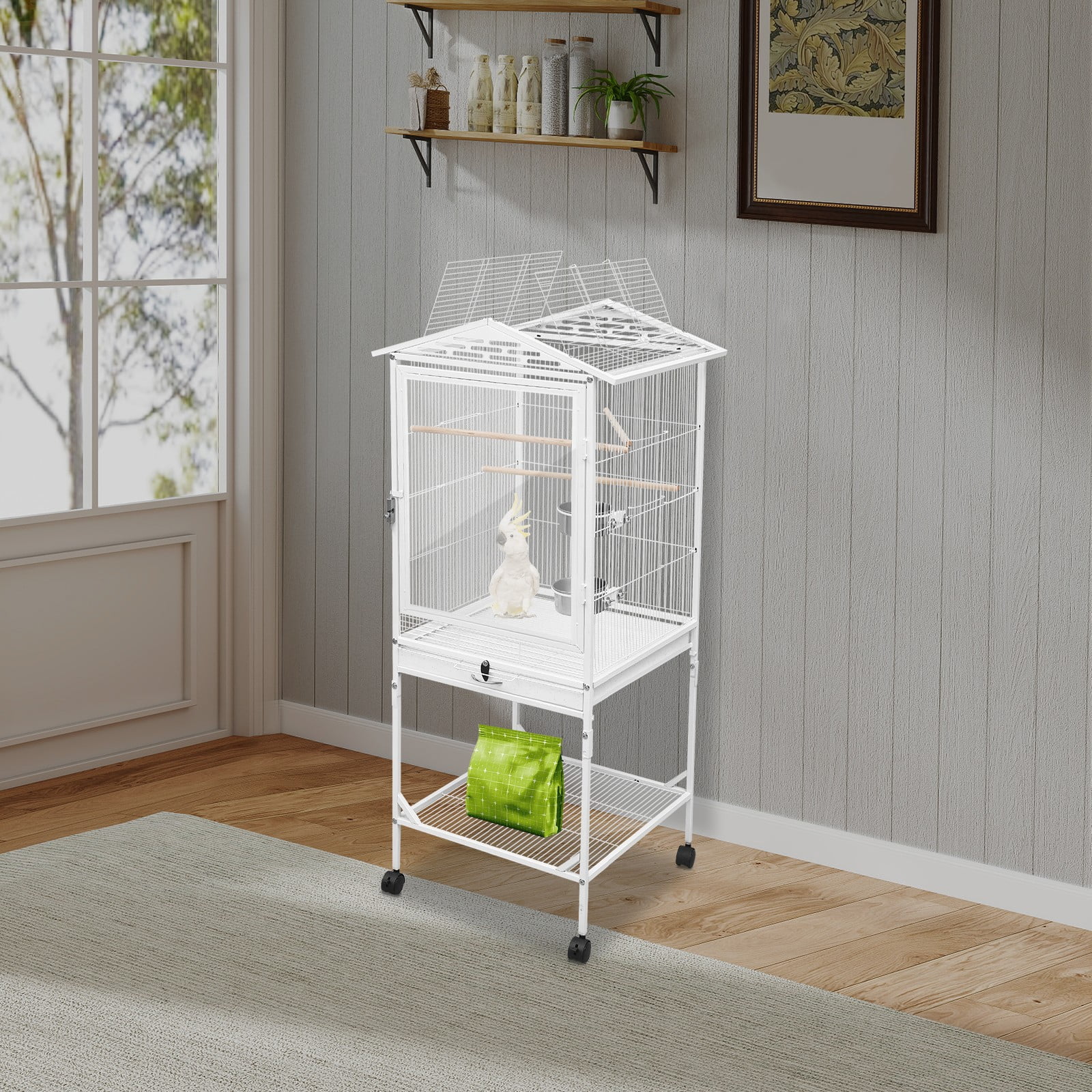 Bird Cage with Wheels, Cage for Parrots, Large Bird Cage, for Homes, Shops, and More on Balconies, for Cockatiels, Budgerigars, Long-tailed Parrots, or Other Birds