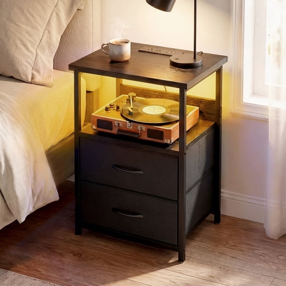 Tomnk LED Nightstand with Charging Station, Bedside Table Night Stand with 2 Fabric Storage Drawers, Black