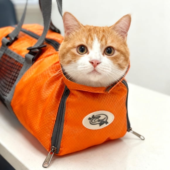Bolsa de aseo para gatos Cinf naranja talla M con sujeción para corte de uñas