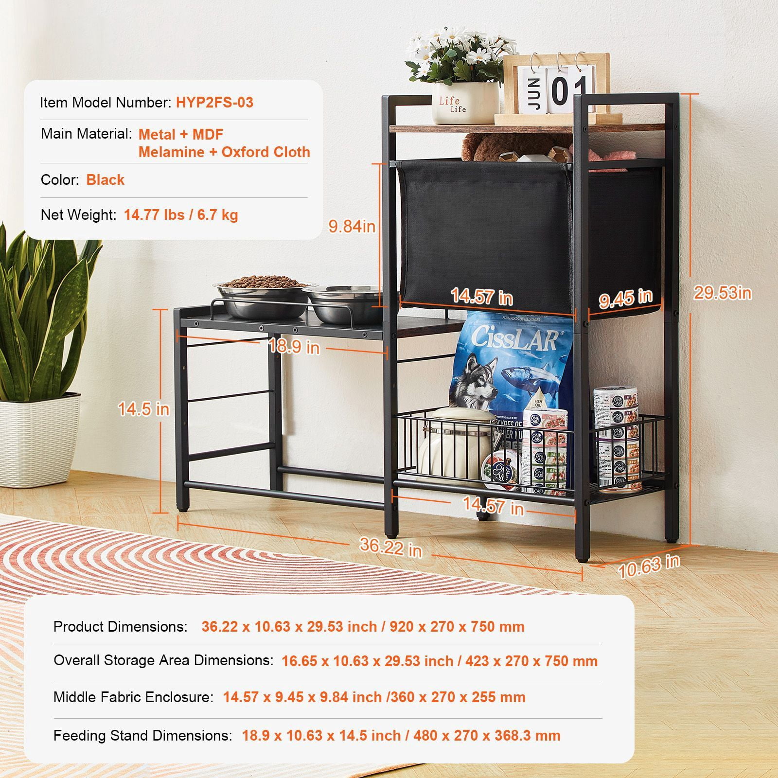 Dranite Elevated Pet Feeding Station with Storage, Raised Dog Bowls, Food Storage Shelves