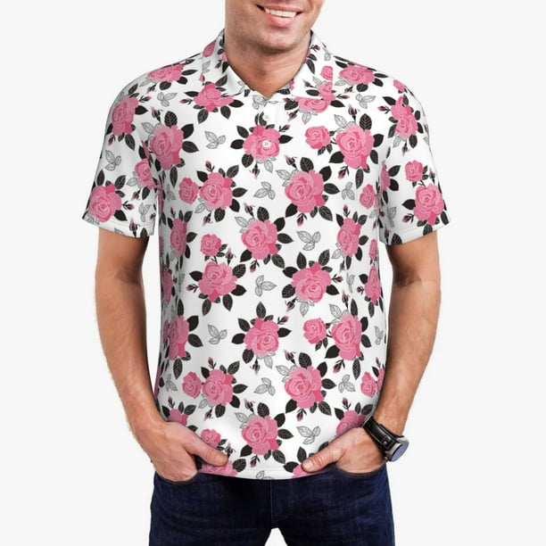 Balery Rose Flowers Camisa Polo de Hombre con Estampado, de Manga Corta y Tejido Medio, Camisa Tipo Golf Polo-Large