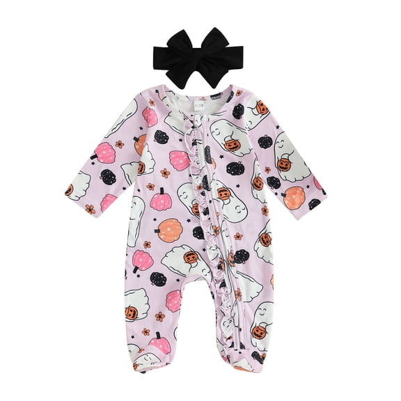 Huowey Toddler Girls Halloween Clothes One Piece Newborn Baby Pumpkin Cute Print Long Sleeve Romper Zip Up Bodysuit Outfits Set,Purple,3-6 Months