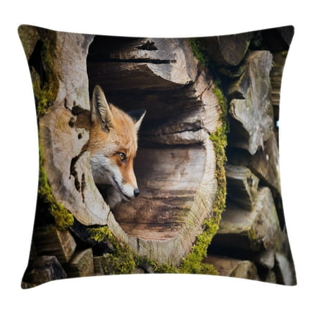 Exotic Wood Plugs Animal Decor Throw Pillow Cushion Cover, True Fox Vulpes inside Wood Log Holes Exotic Furry Creature Wildlife Creature Design, Decorative Square Accent Pillow Case, 18 X 18 Inches, Tan, by Ambesonne ()