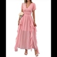 thumbnail image 1 of Vestidos Midi Holgados de Verano para Mujer, Informales, con Escote en V, Volantes, Corta, Dobladillo Irregular, Cintura Alta Rosa L, 1 of 10