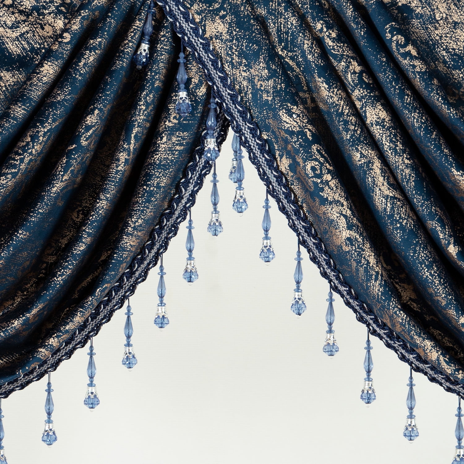 VOGOL Classic Waterfall Valance for Bedroom, Royal Blue Textured Stripe Print Velvet Curtain with Beaded Tassels, Vintage Rod Pocket Design, 43x79 Inches, 1 Piece