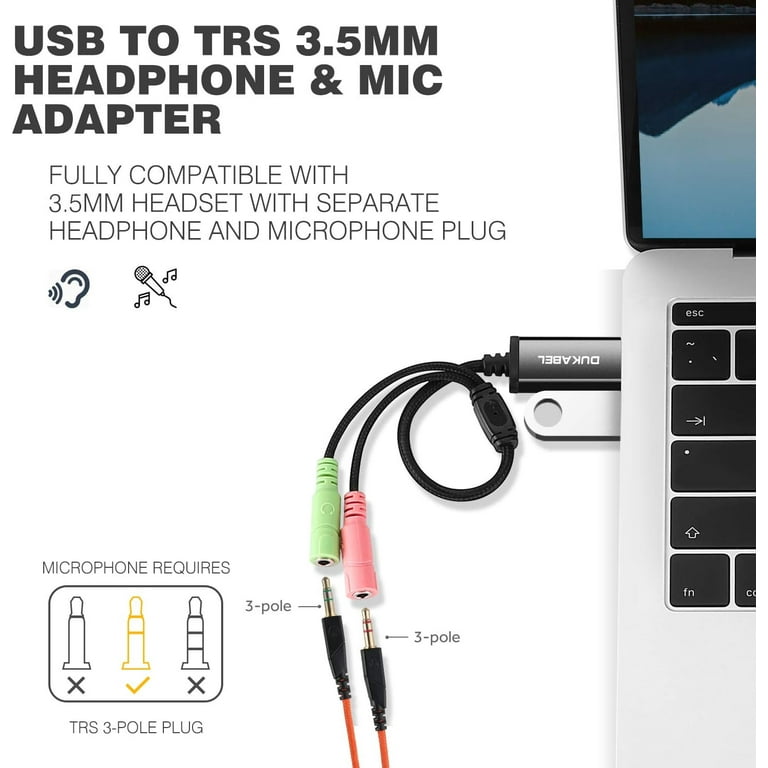 DUKABEL USB to 3.5mm Jack Audio Adapter, USB to Aux Cable with TRRS 4-Pole  Mic-Supported USB to Headphone AUX Adapter Built-in Chip External Sound