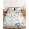 thumbnail image 2 of Twin XL Size Fitted Sheet Set - Aqua Teal Coastal 2 Piece Bedding Sets 16" Deep Pocket Fitted Sheet with 1 Pillowcases, Summer Beach Starfish Coral Nautical Rustic Brushed Microfiber Hotel Bed Sheets, 2 of 9