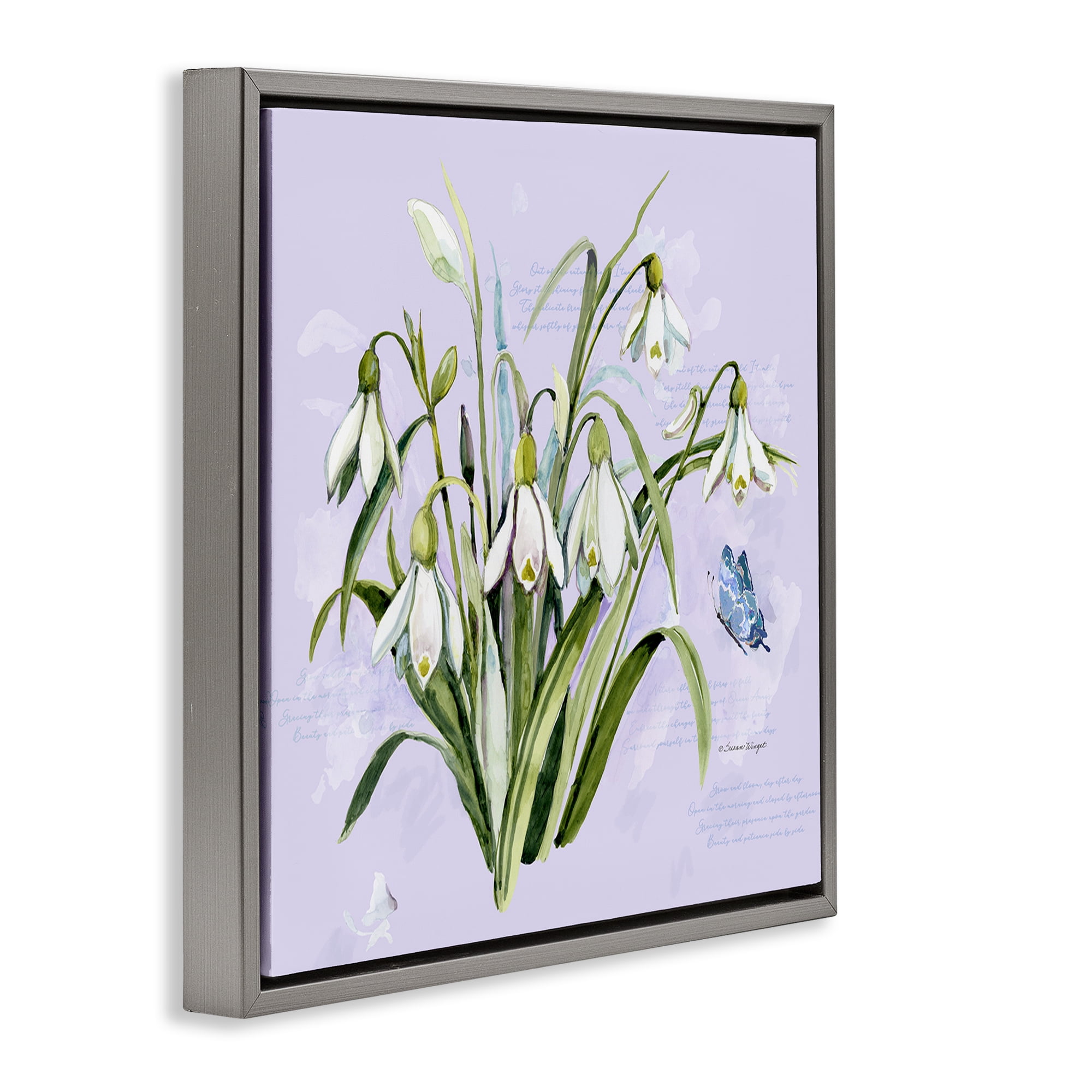 Stupell Industries Snowdrops with Vintage Writings Gray Framed Floater Canvas Wall Art, design by Susan Winget