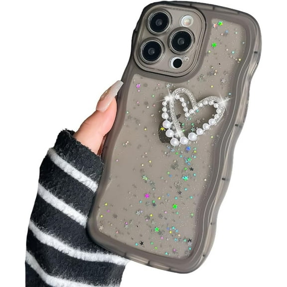 for iPhone Case,Cute Water Wave Bubble Shape Frame 3D Love Heart Pearl Glitter Star Silicone Camera Lens Protection Soft Shockproof Phone Case (Black,iPhone 11)