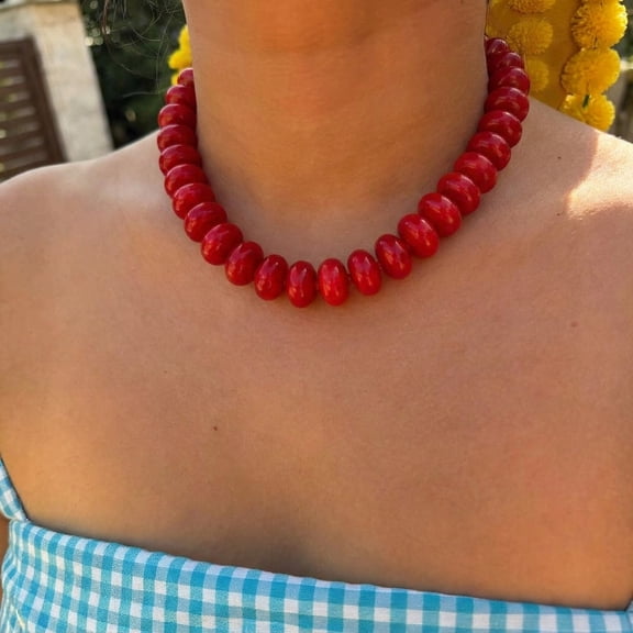 NICKSUN Vibrant Dopamine Color Resin Beaded Choker Necklace, Smooth Flat Round Disc Collarbone Statement Necklace, Minimalist Summer Vacation Stackable Jewelry