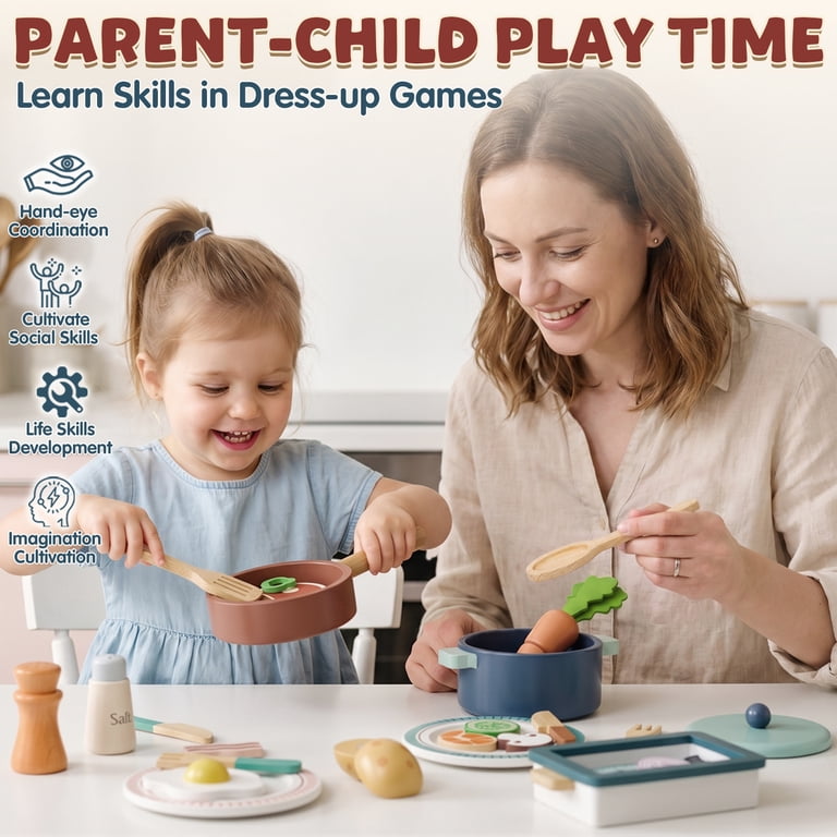 OROLIVING Wooden Kitchen Play Set with Cutting Food & Cookware photo 5