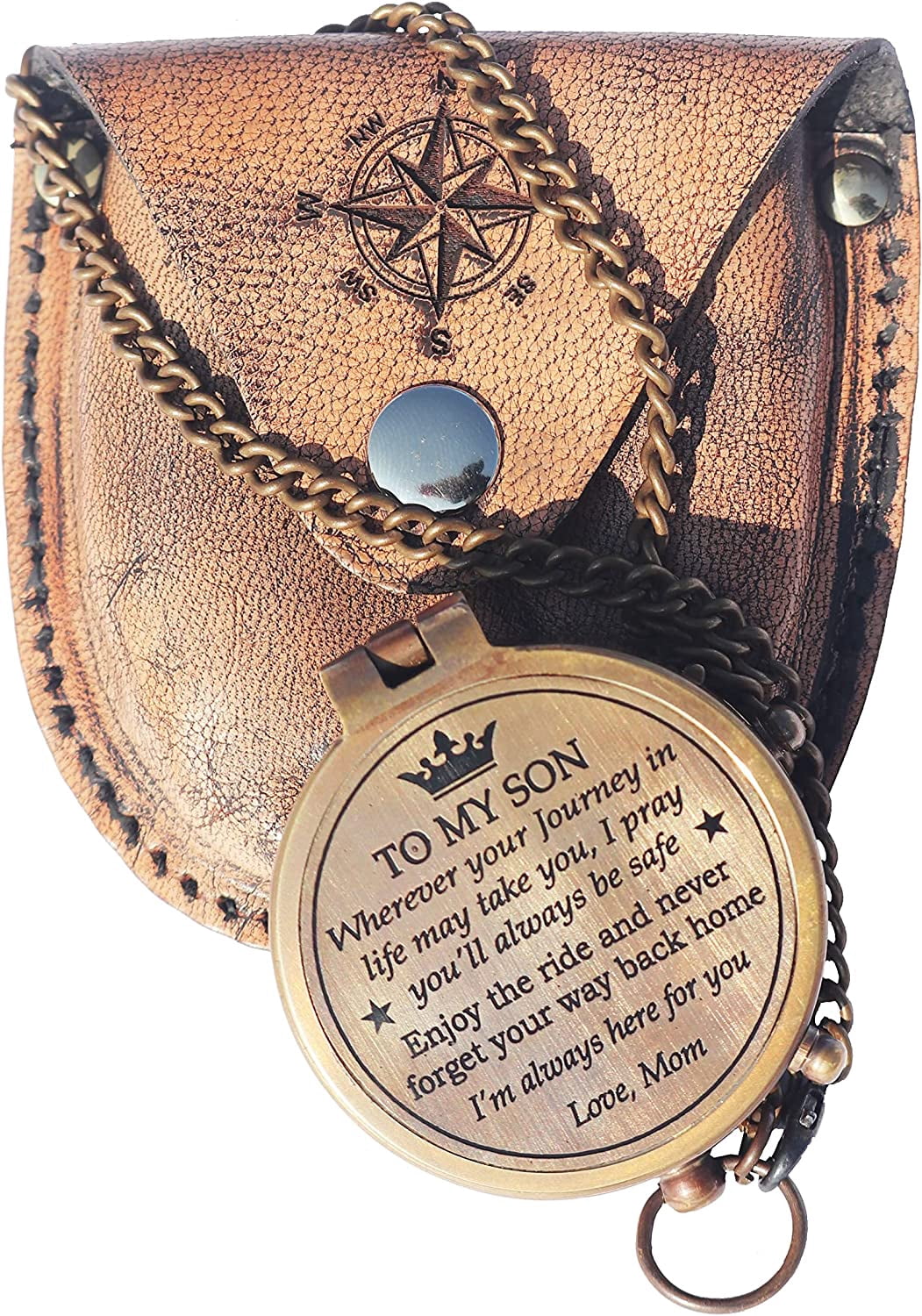 Brass Compass with Leather Case Mom to Son Compass – to My Son Love Mom – Engraved Compass Mother to Son Gifts - Graduation Day Gifts for Son, Brown Antique, 2 Inch