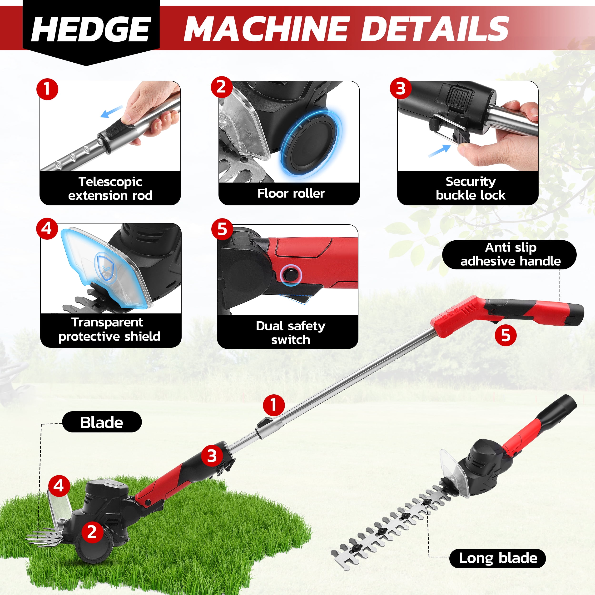 RELOIVE  4-in-1 Telescoping Pole Hedge Trimmer/Grass Shear/Shrub Trimmer/Grass Trimmer with 2.0 Ah Battery,12V (Red)