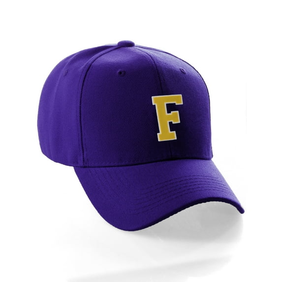 Classic Baseball Hat Custom A to Z Initial Team Letter, Purple Cap White Gold Letter F