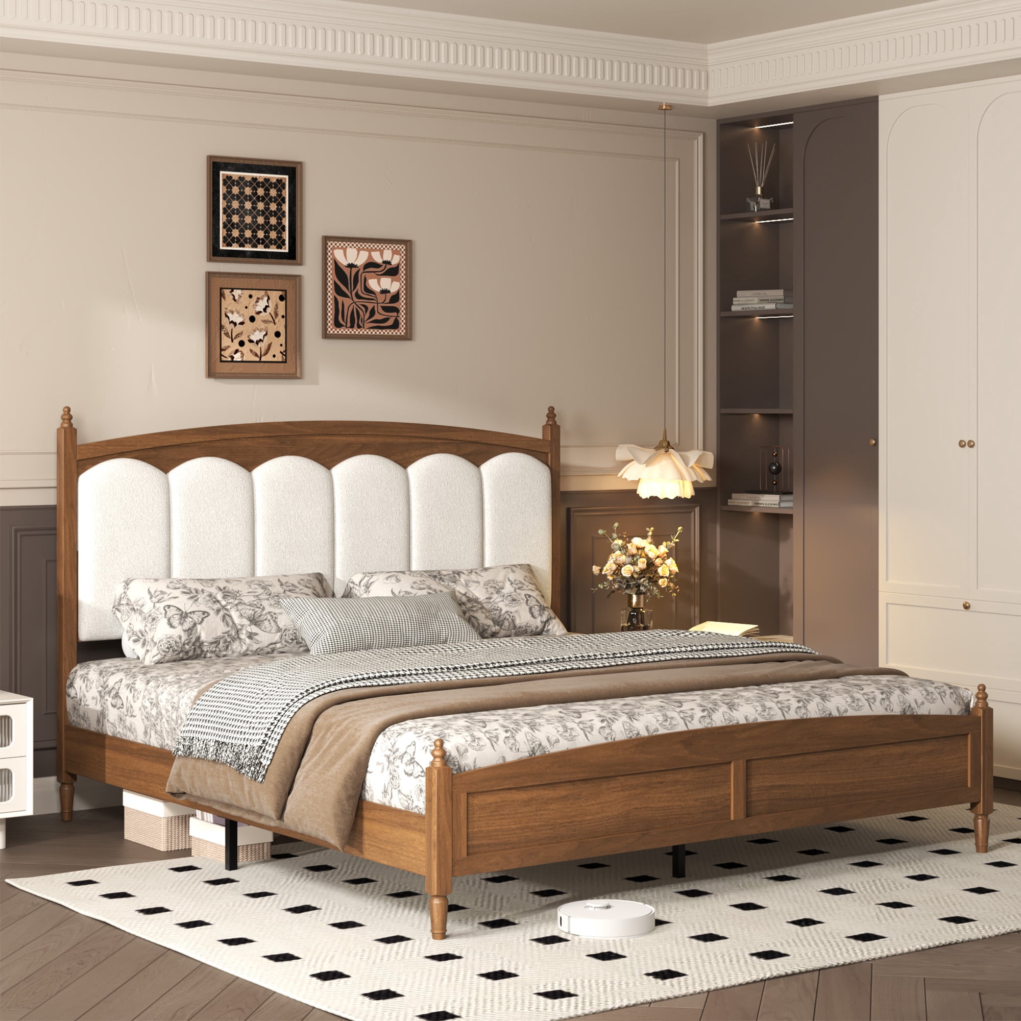 Euroco King Size Platform Bed with Upholstery Headboard, Vintage Mid Century Wood Bed, Brown