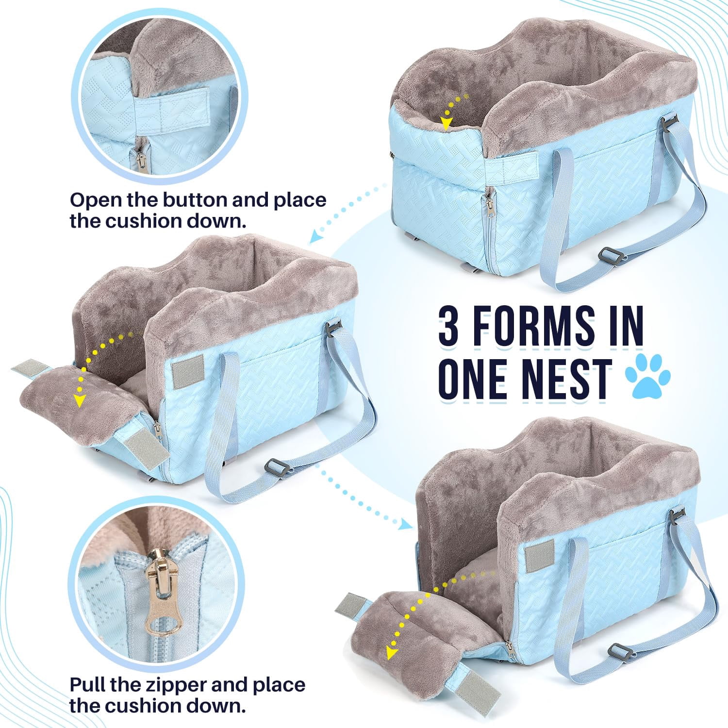 Console Dog Car Seat - Portable Center For Small Dogs Up To 9 Lbs  Washable Pet Carseat With Soft Cushion Safe Protection Hooks & Storage Pocket Blue