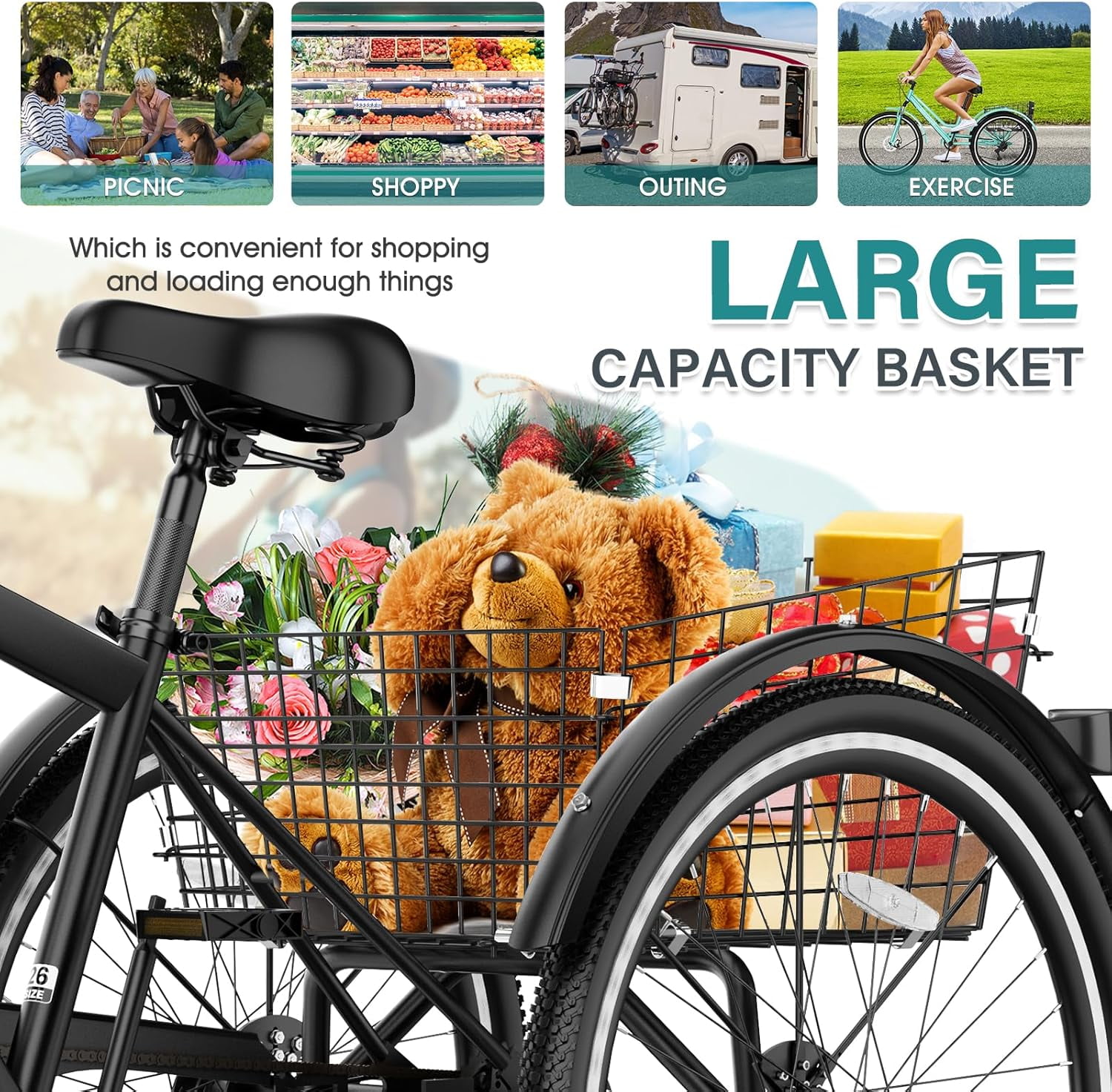 Lilypelle Mountain Tricycle for Adults, MTB 7 Speed Three Wheel Bike, 24/26/27.5 Inch Adults Trikes w/ Disc Brake & Cargo Basket for Women, Men, Seniors