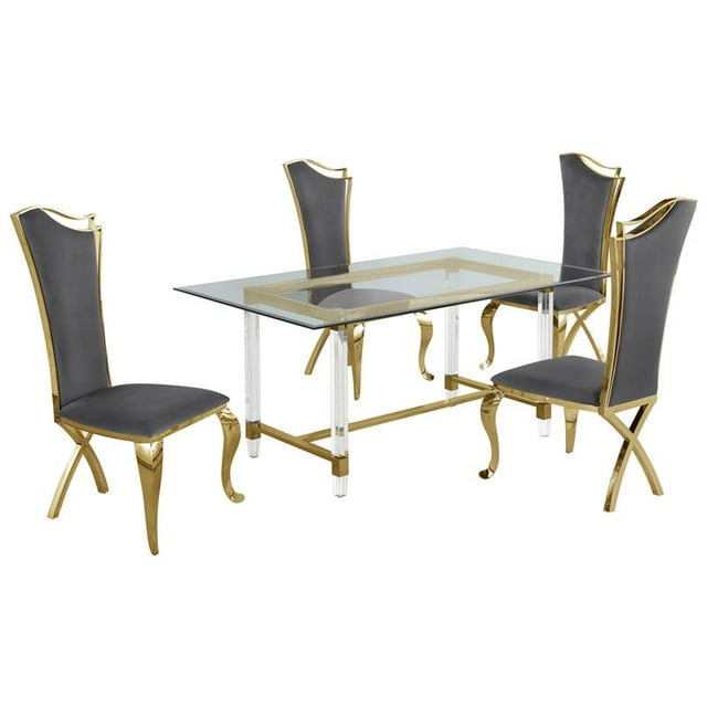5pc. 68" x 40" Glass Dining Set with 4 Chairs and Gold Stainless Steel