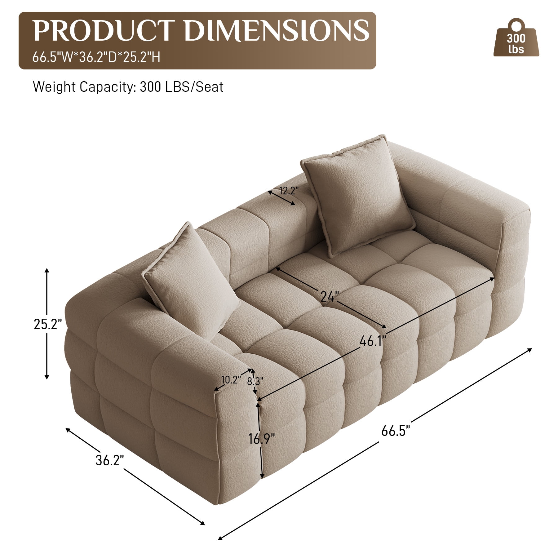 Wiilayok 66.5" Loveseat Sofa,Chenille 2 Seater Deep Seat Sofa Couch, No Assembly Required,Light Camel