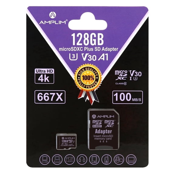Amplim 128GB Micro SD Card, Extreme High Speed MicroSD Memory Plus Adapter, MicroSDXC SDXC U3 Class 10 V30 UHS-I TF GoPro Hero, Surface, Phone Galaxy, Camera Security Cam, Tablet
