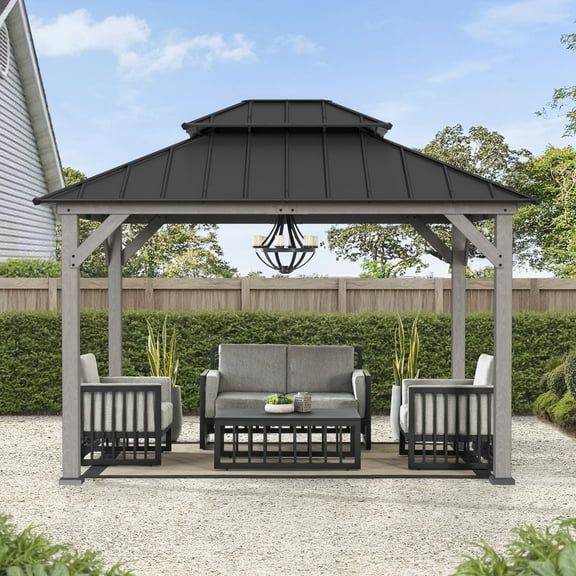 SUNJOY 10 x 12 ft. Wood Gazebo, Outdoor Patio Steel Hardtop Gazebo, Cedar Framed Wooden Gazebo with 2-Tier Metal Roof, Suitable for Patios, Lawn and Backyard, Matte Black Roof Gray Wood Frame