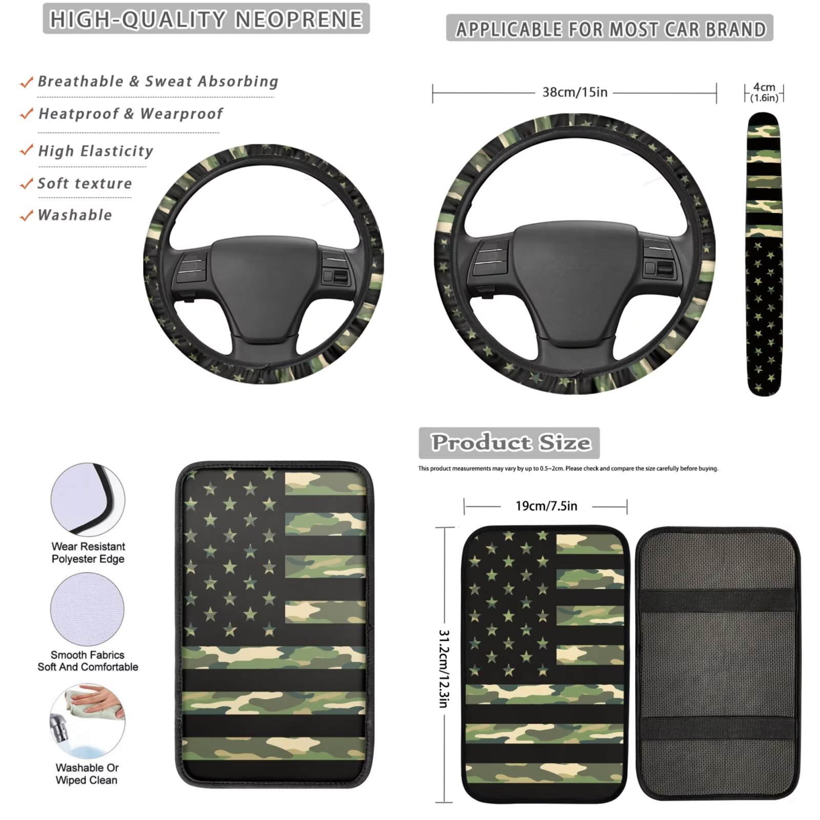 Garronmavis Camouflage American Flag Car Front Rear Bench Seat Protector Covers 13 Pieces Set, Seatbelt Pads, Armrest Pad,Steering Wheel Cover, Auto Coasters, Keychain, Key Ring Chapstick Holder