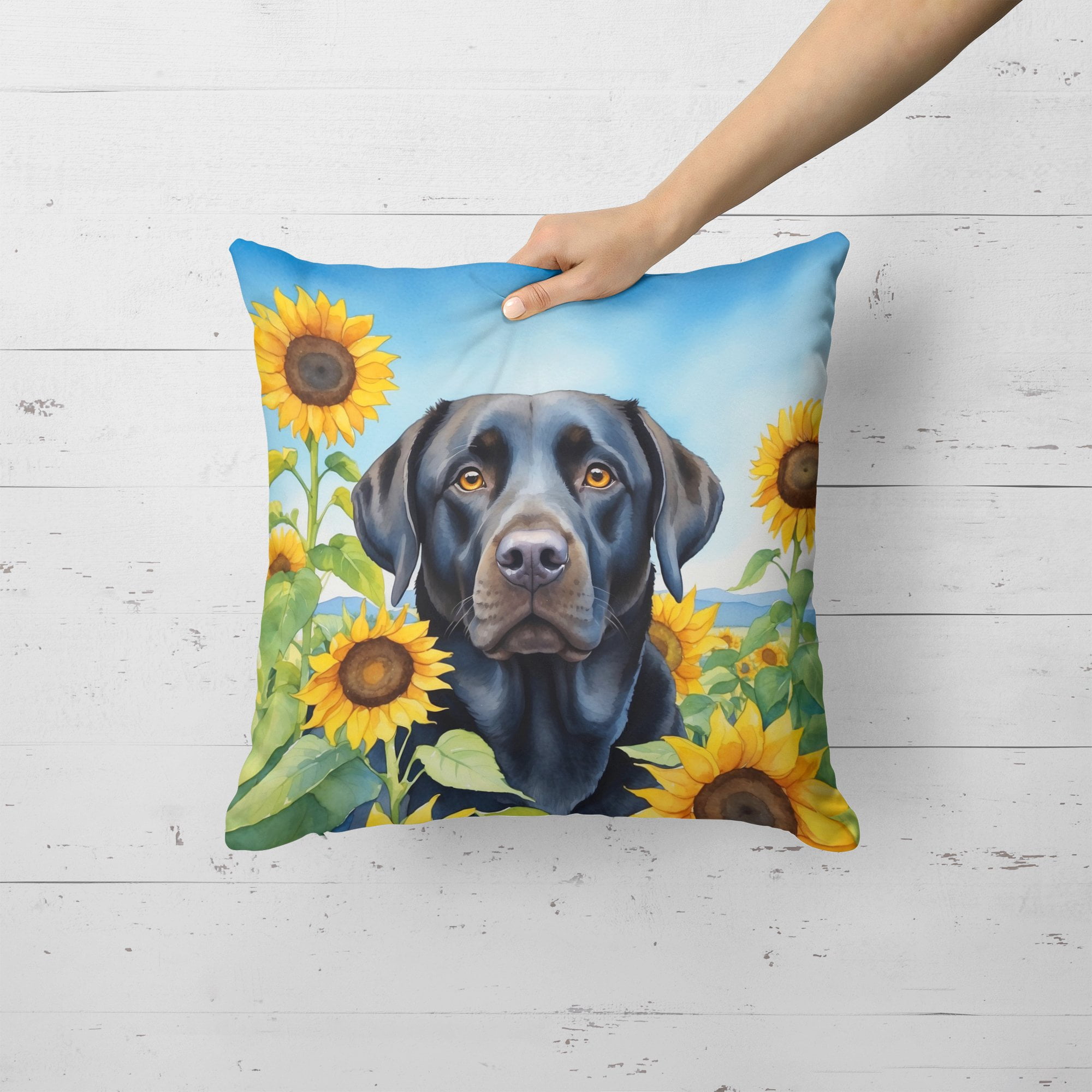 Labrador Retriever in Sunflowers Throw Pillow 18 in x 18 in