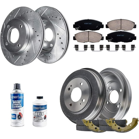 Detroit Axle - Brake Kit for 2010-2014 Honda Insight Front Drilled and Slotted Disc Brake Rotors Ceramic Brakes Pads Rear Brake Drums Brakes Shoes 2011 2012 2013 Replacement : 10.31" inch Front Rotors