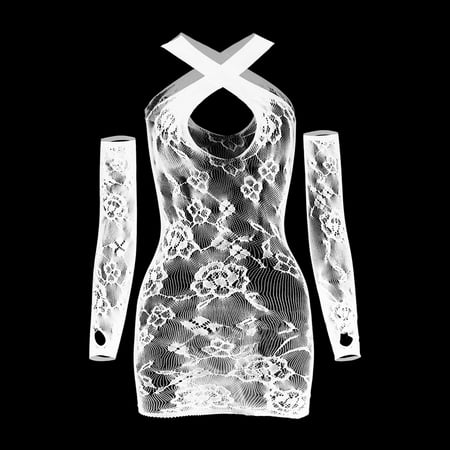 Augper Women Solid Color Lingerie with Sexy Lace Hollow Patterns Suspender Dress with Sleeves Suit