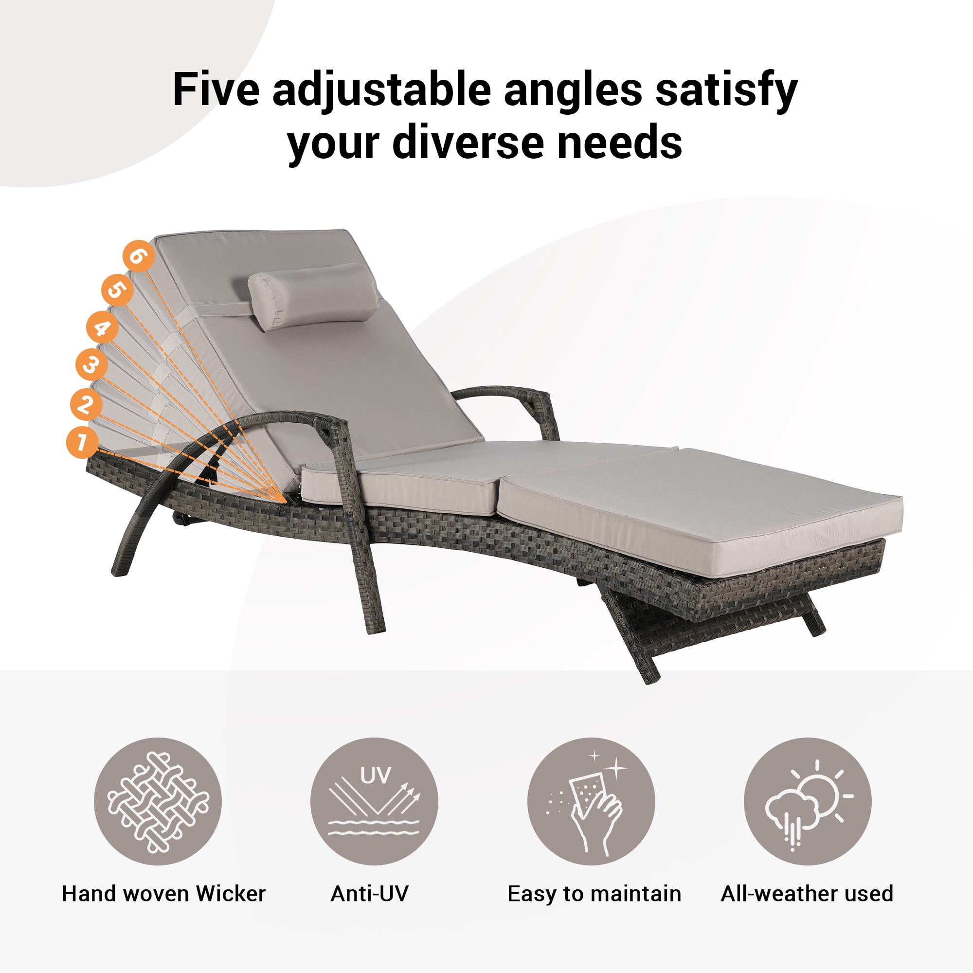 Outdoor Wicker Long Reclining Chair Set of 2 with Cushions, Wicker Reclining Lounge Chair Lawn Sunbathing Chairs Recliner up to 150° Beach Poolside Garden