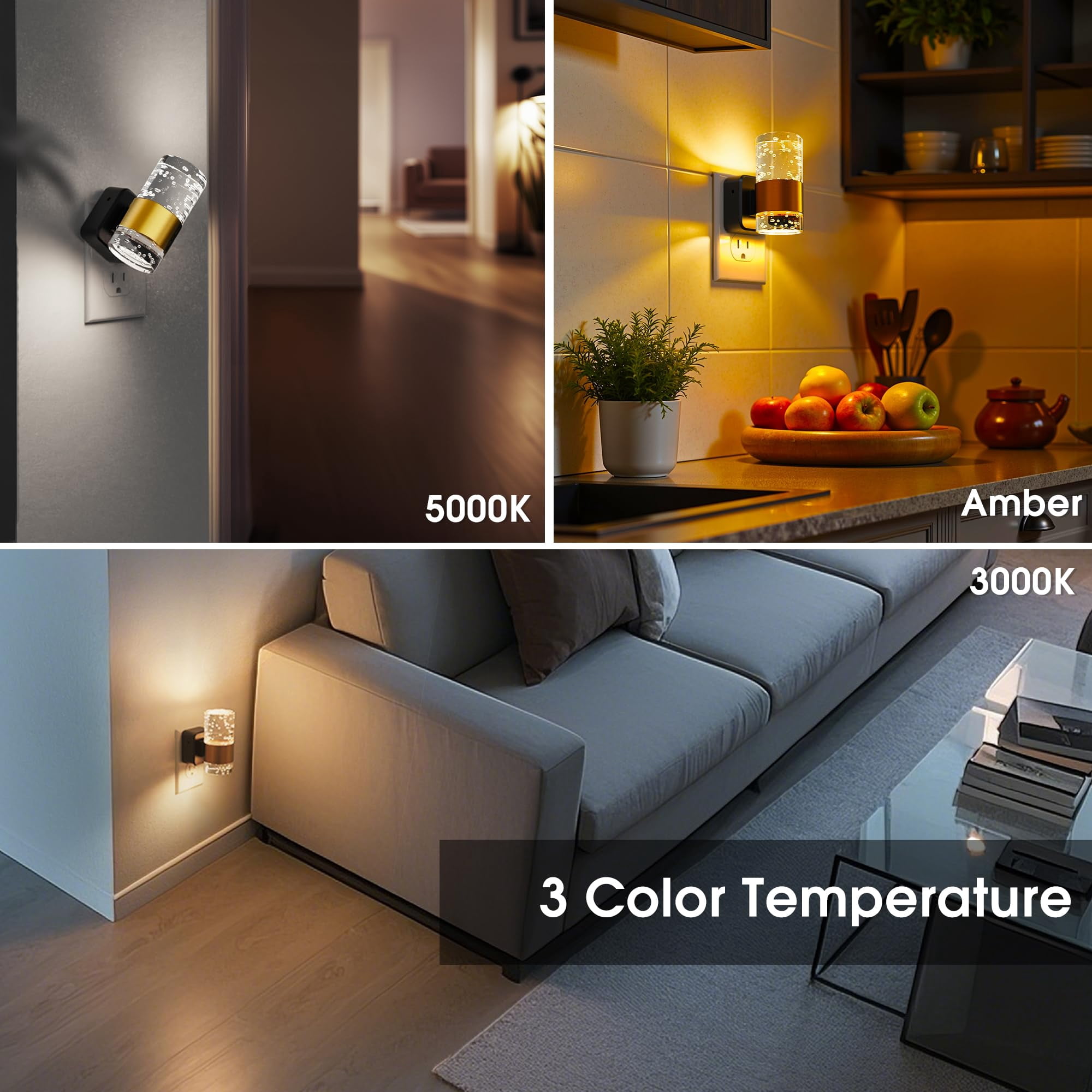 Night Lights Plug Into Wall 2 Pack  Dimmable Light With Dusk-to-dawn Sensor Soft White/cool White/amber 3 Color Adjustable Brightness Rotatable Bubble Nightlight For Hallway