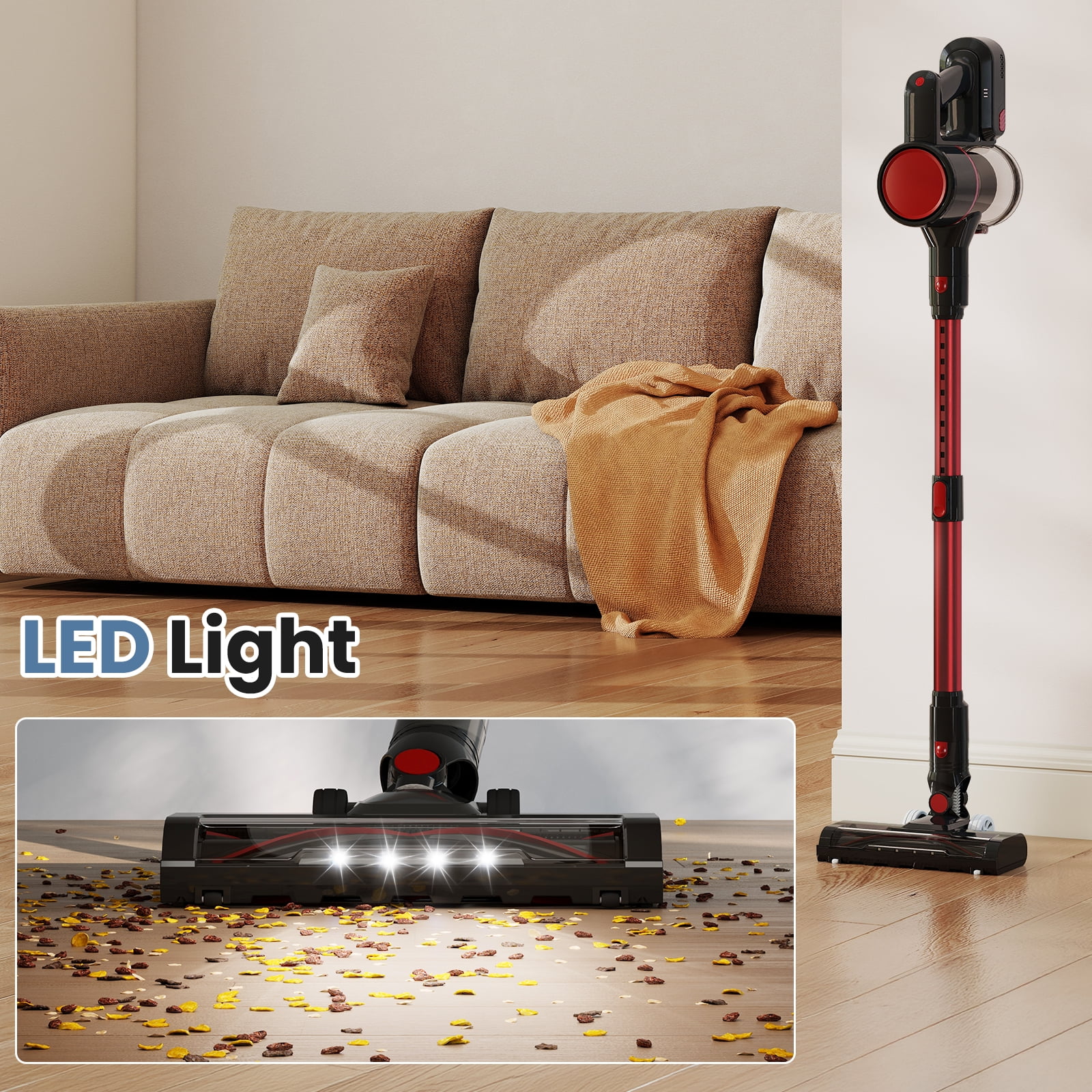 MCQ 3-in-1 Cordless Stick Vacuum Cleaner, Lightweight with LED Headlight for Carpet, Floor & Pet Hair, Black-Red