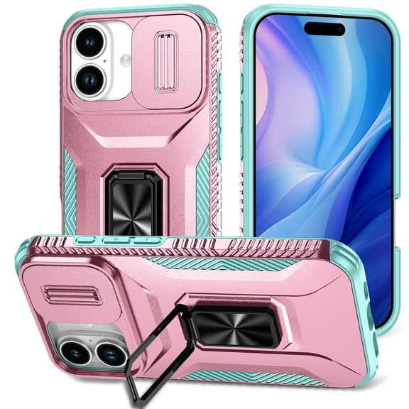 TECH CIRCLE for iPhone 17 TPU PC Hybrid Armor Case [Slide Camera Cover][Built-in Ring Holder Kickstand] Military Grade Full Body Shockproof Rugged Dual-Layer Protective,Rosegold