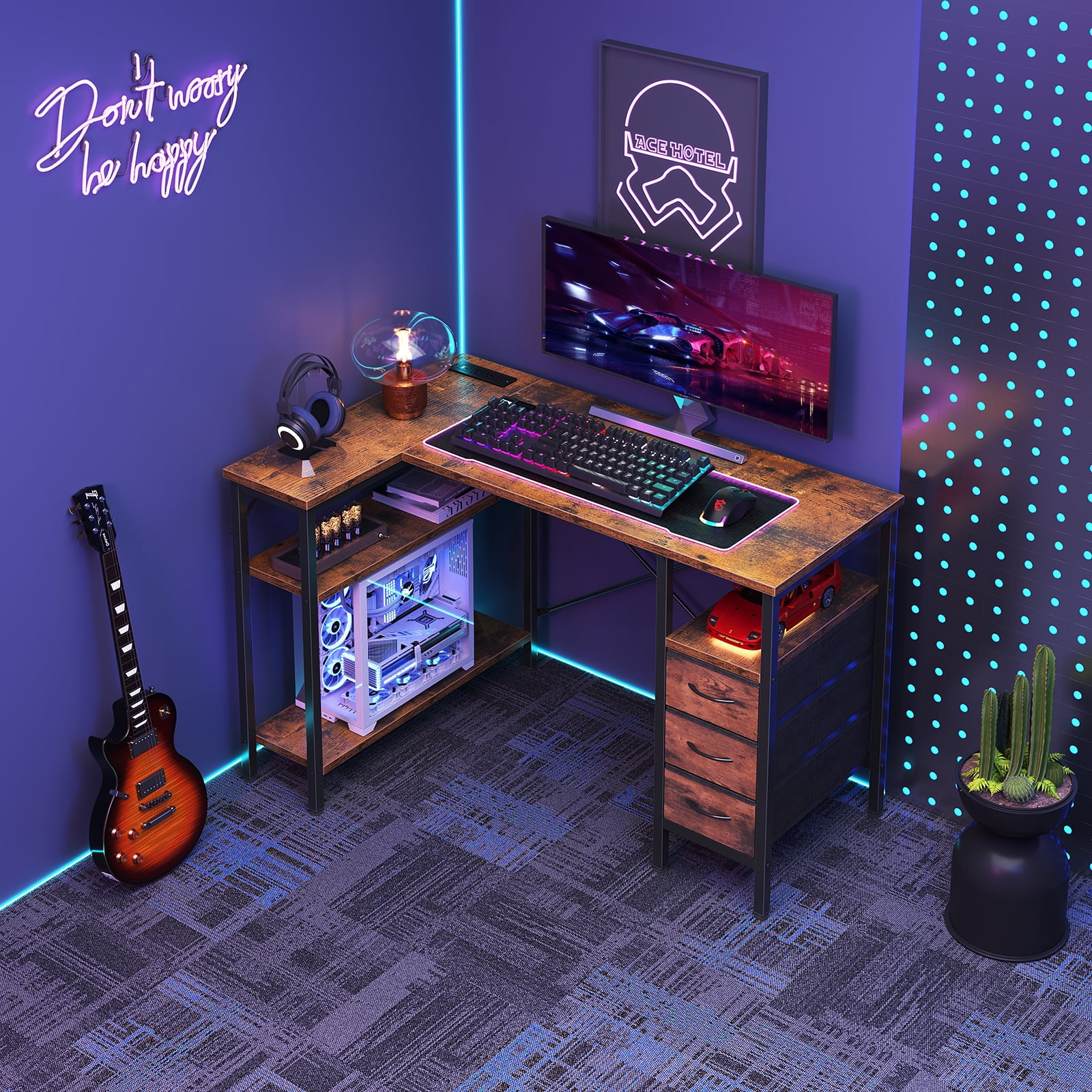 MCQ 47" L Shaped Computer Gaming Desk with 3 Drawers, Power Outlets, USB Ports, Monitor Stand, Corner Desk for Home Office,&nbsp;Rust