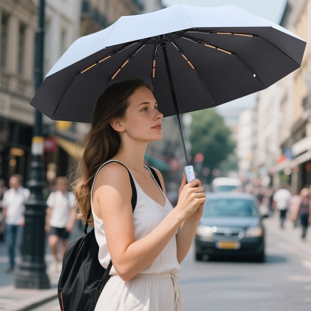 Paraguas automático plegable de plástico negro para exteriores, ideal para protegerse del sol y la lluvia. Paraguas de poliéster.